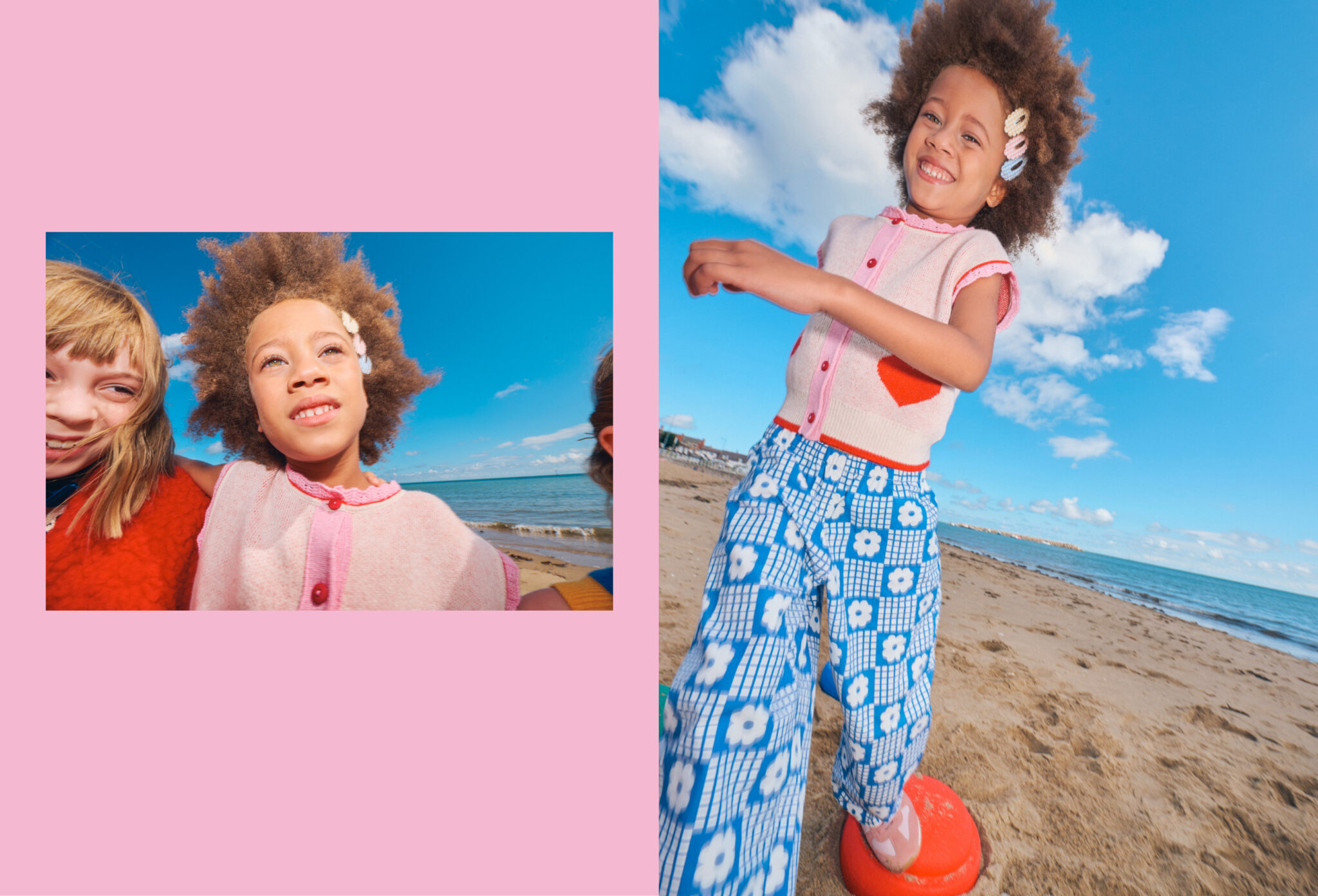Forecast: Colour fashion editorial photographed by Alma Rosaz, featuring children in bright pink, blue and red beach looks playing under a vivid blue sky for Scimparello Magazine.