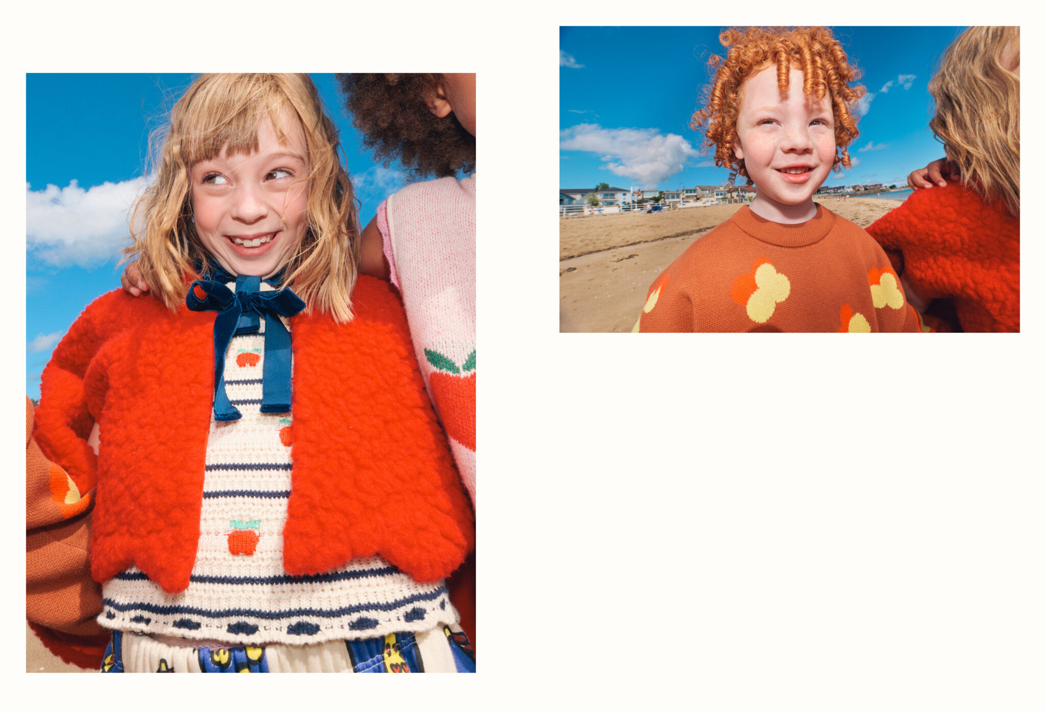Forecast: Colour FW26 fashion editorial photographed by Alma Rosaz, featuring children in joyful red and orange kids fashion looks under a bright blue sky for Scimparello Magazine.