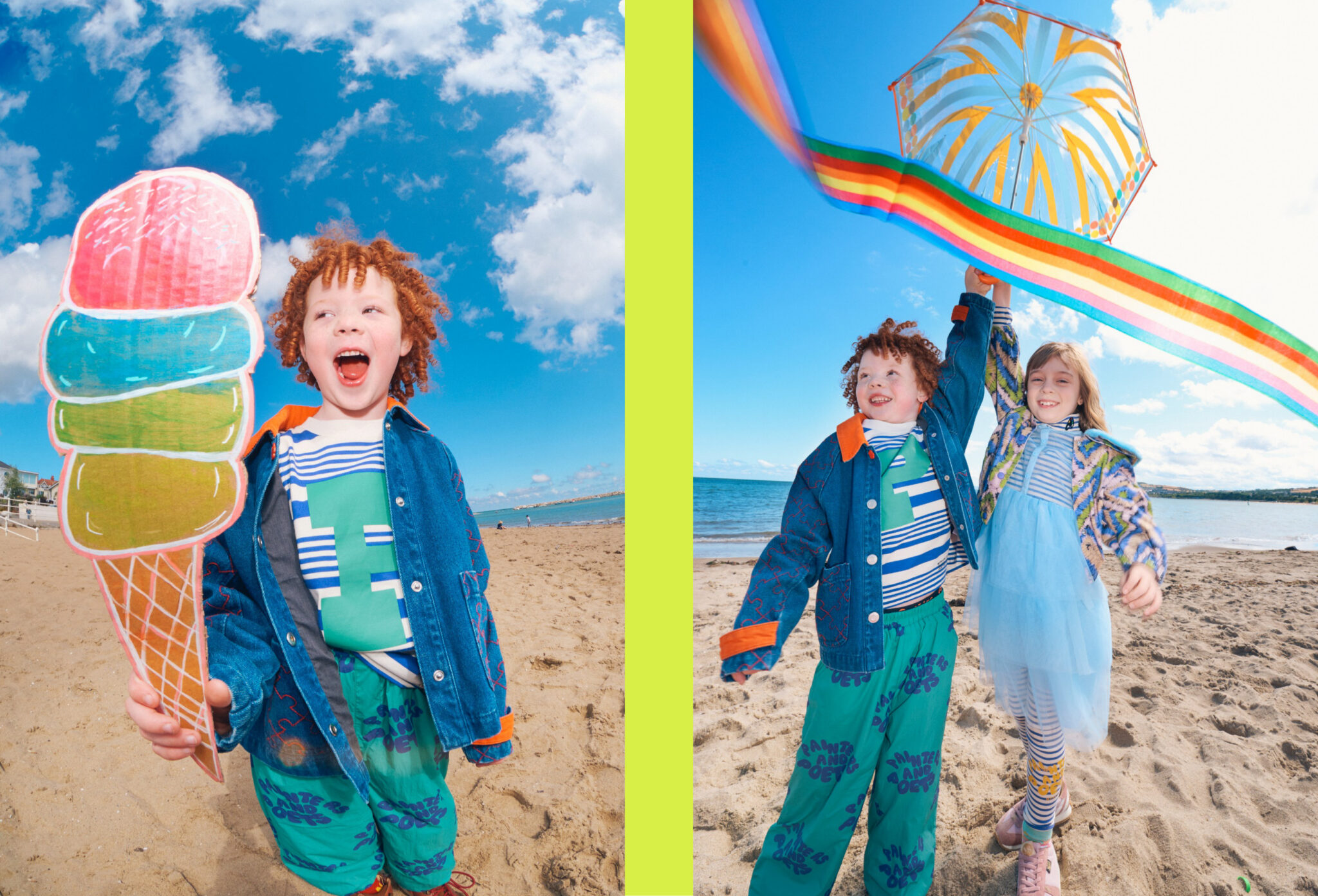 Forecast: Colour FW26 fashion editorial photographed by Alma Rosaz, featuring children in bright colourful kids fashion looks playing with an ice cream prop and rainbow kite on the beach for Scimparello Magazine.