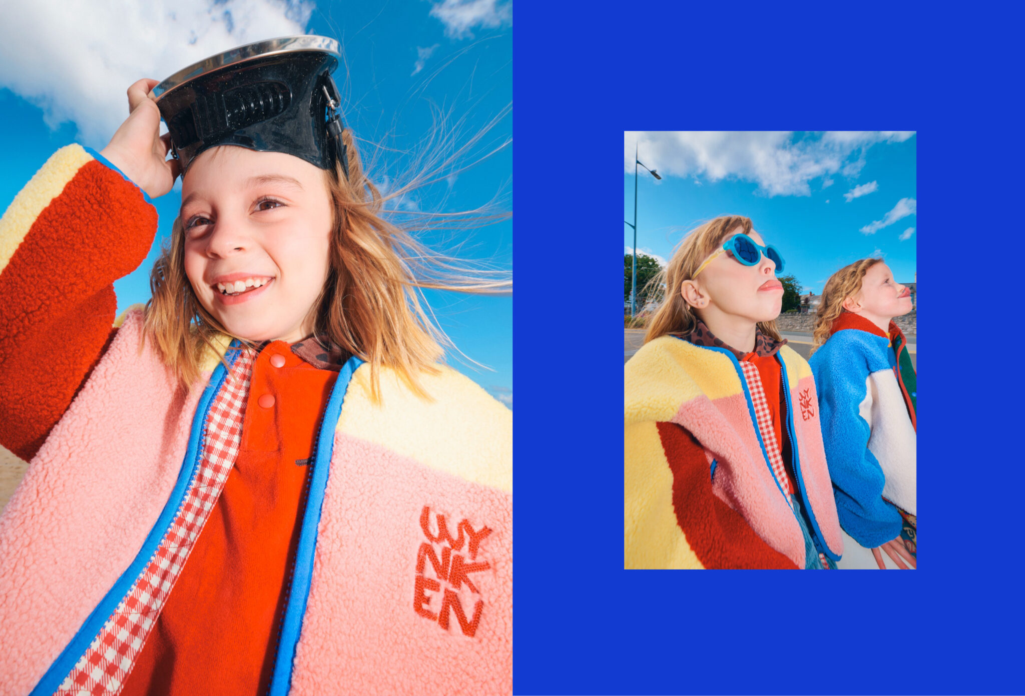 Forecast: Colour FW26 fashion editorial photographed by Alma Rosaz, featuring children in vivid colourful kids fashion looks, bright outerwear and bold blue sky for Scimparello Magazine.