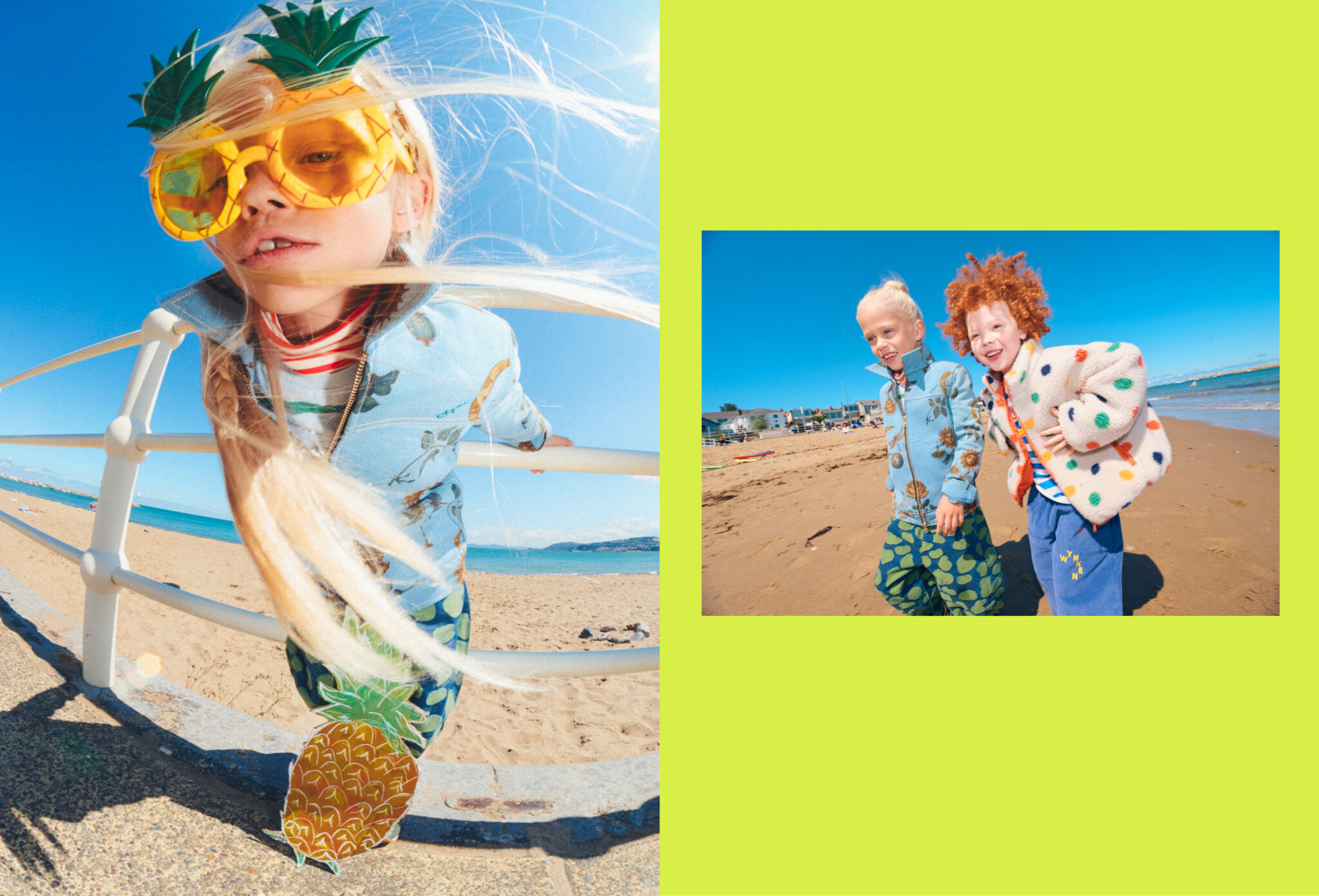 Forecast: Colour FW26 fashion editorial photographed by Alma Rosaz, featuring children in vivid colourful kids fashion looks with pineapple sunglasses, bright prints and blue sky for Scimparello Magazine.