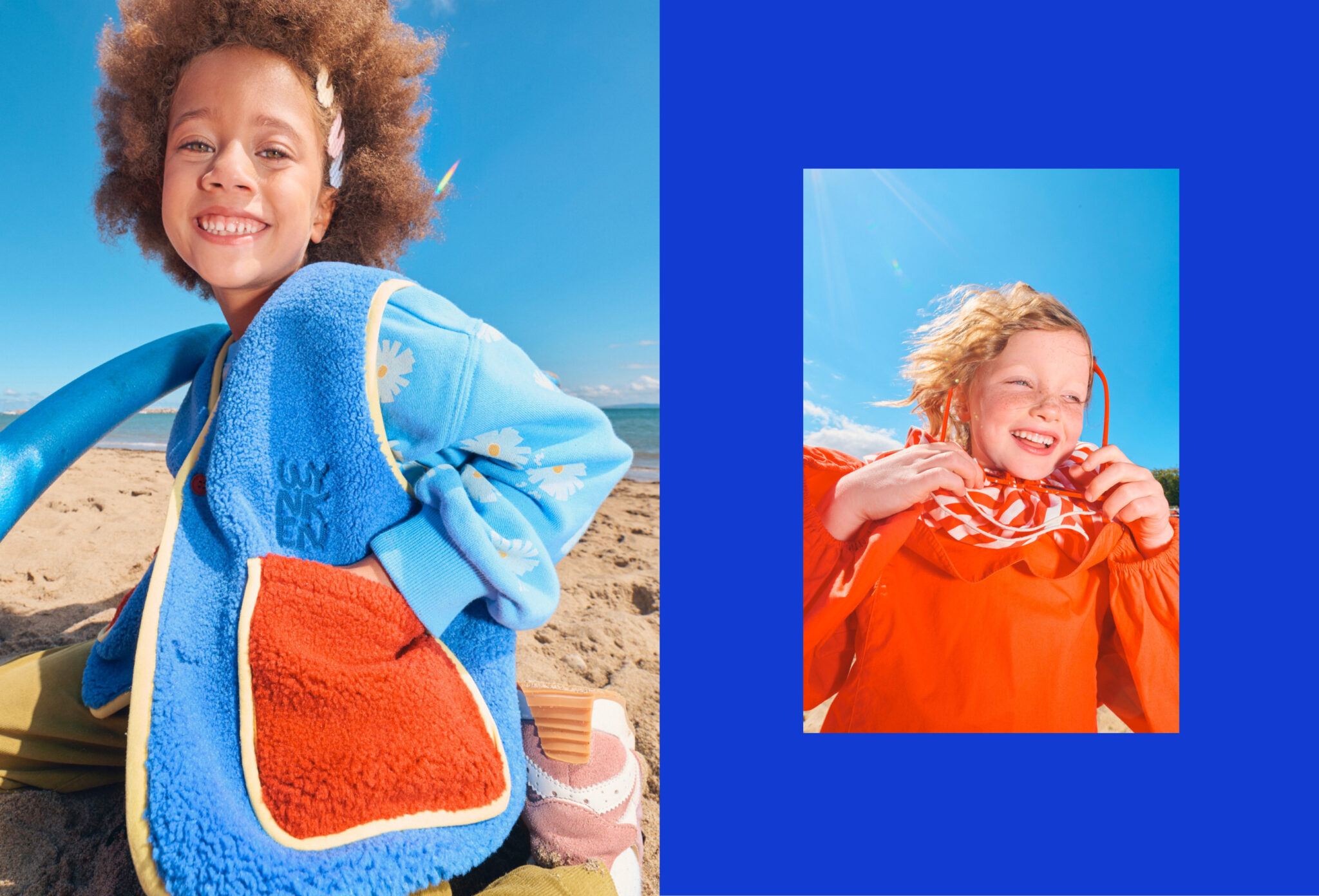 Forecast: Colour FW26 fashion editorial photographed by Alma Rosaz, featuring children in vivid blue and orange kids fashion looks under a bright summer sky for Scimparello Magazine.