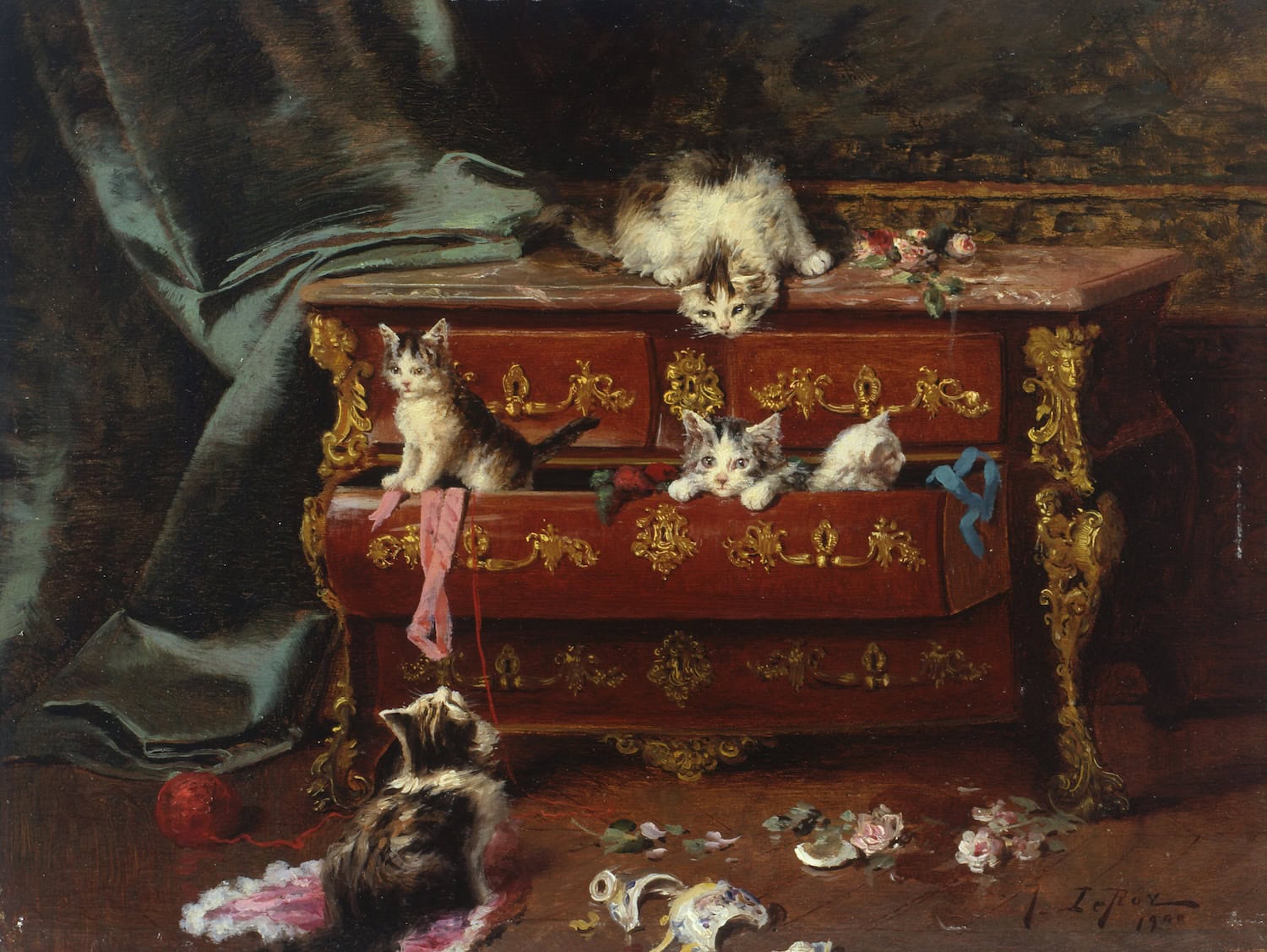Jules Le Roy’s “Chats dans une commode” (1900), an oil painting depicting five playful kittens climbing and resting on an ornate wooden chest of drawers.