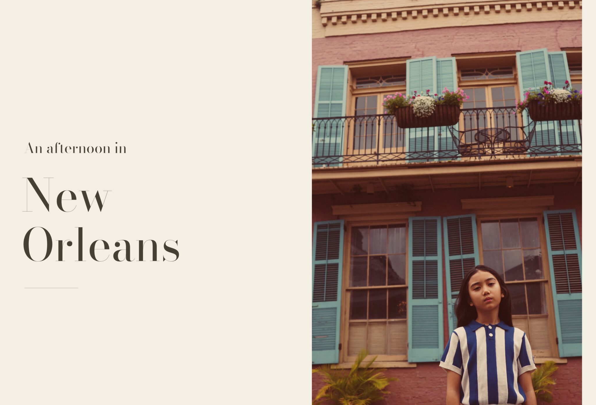 An Afternoon in New Orleans fashion editorial by Dope Style Kid x Jennifer Grasso, featuring a girl in a blue and white striped knit top in front of a colourful New Orleans house for Scimparello Magazine.
