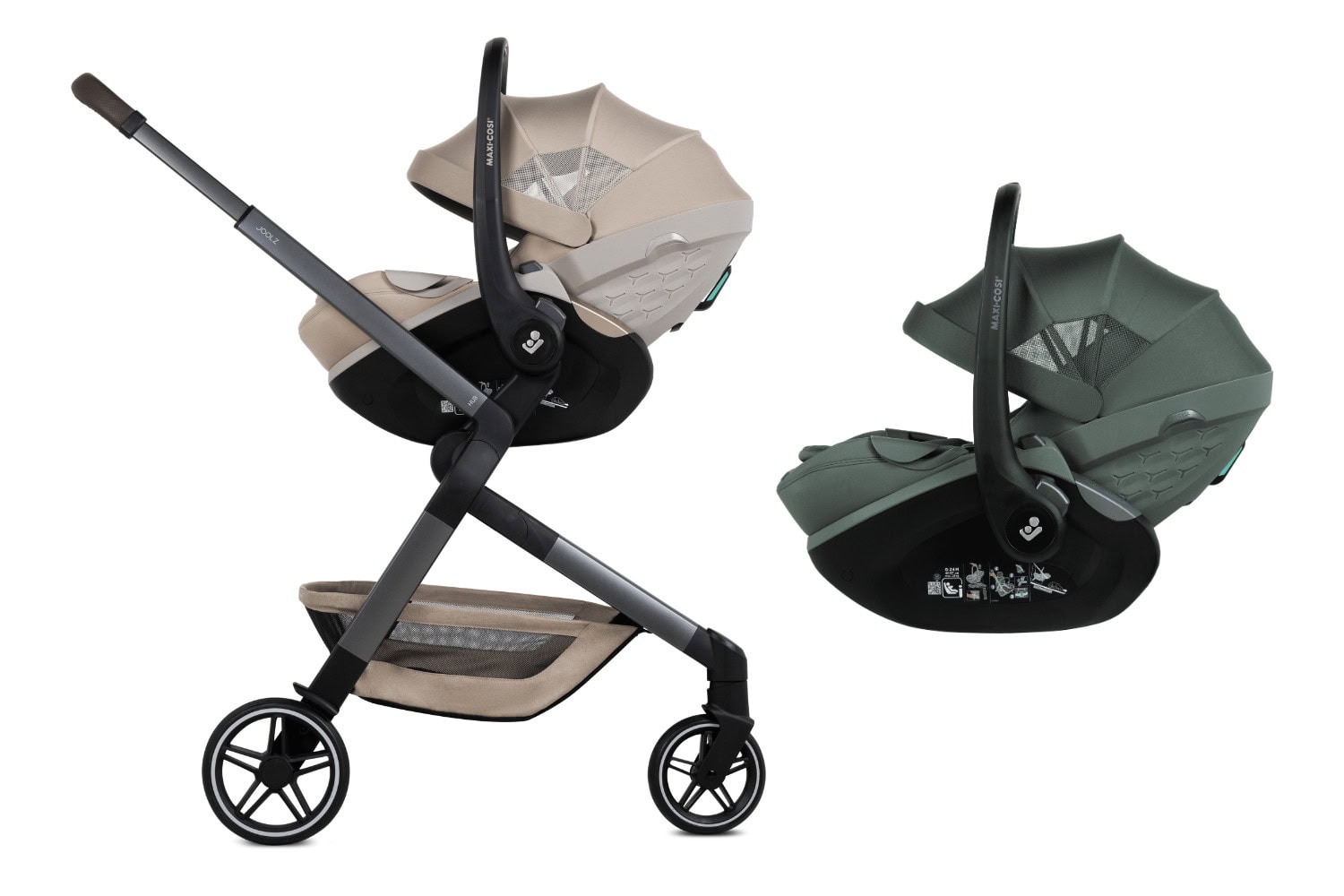 Joolz stroller with Pebble Slide Pro car seat in a sunny outdoor setting, alongside two additional car seats in Forest Green and Space Black.