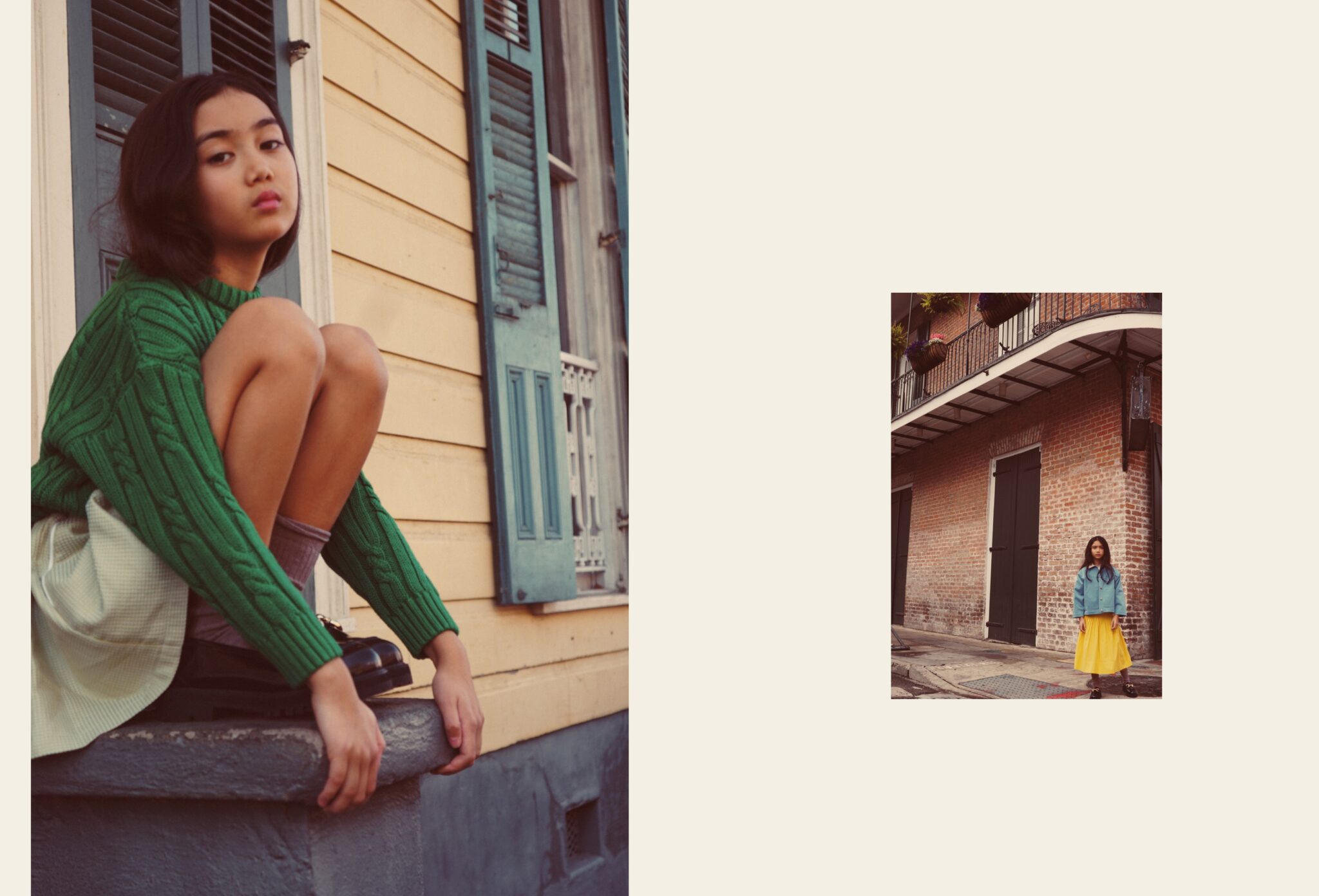 An Afternoon in New Orleans fashion editorial by Dope Style Kid x Jennifer Grasso, featuring a girl in layered green, blue and yellow looks photographed against the colourful architecture of New Orleans for Scimparello Magazine.