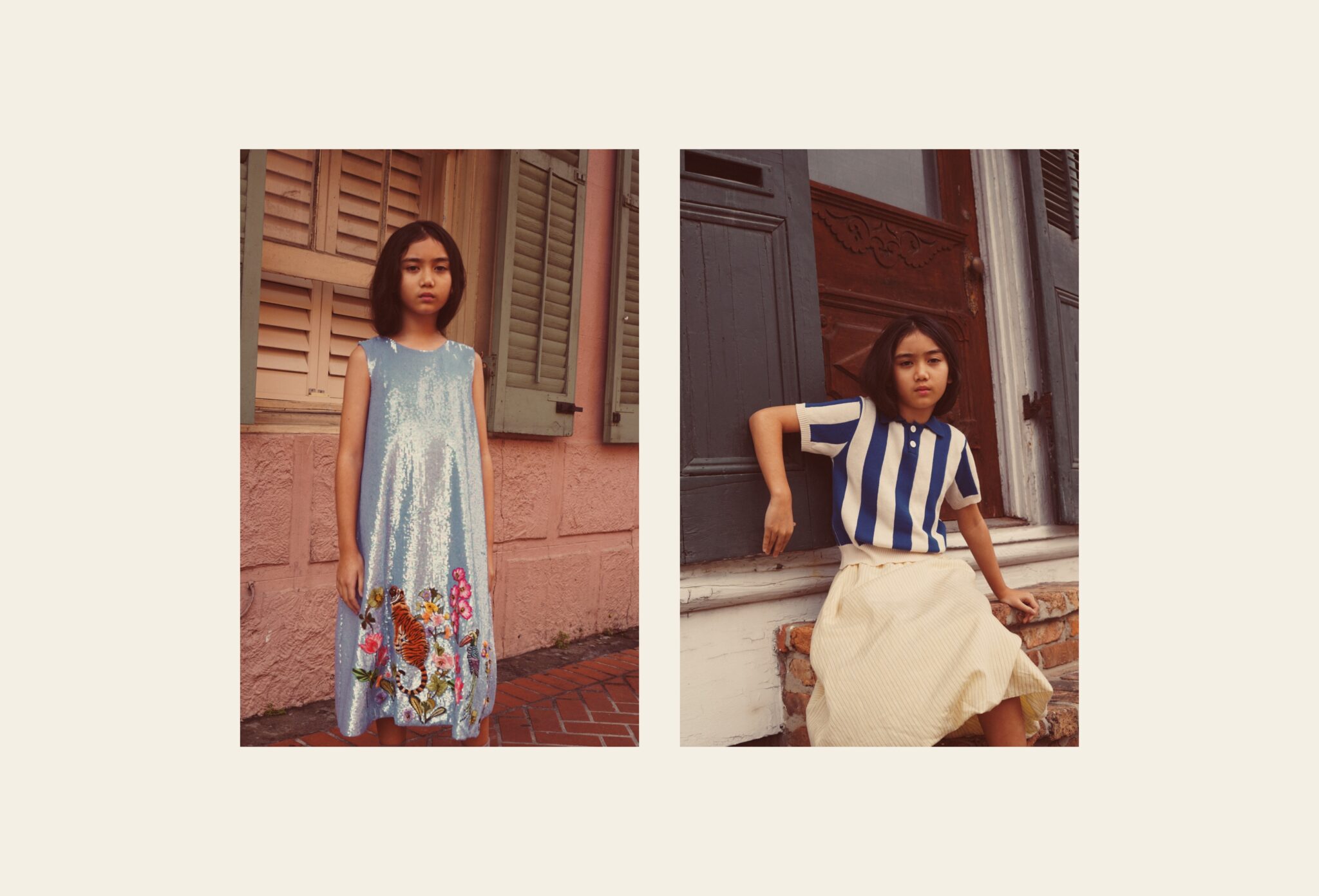 An Afternoon in New Orleans fashion editorial by Dope Style Kid x Jennifer Grasso, featuring a girl in layered green, blue and yellow looks photographed against the colourful architecture of New Orleans for Scimparello Magazine.
