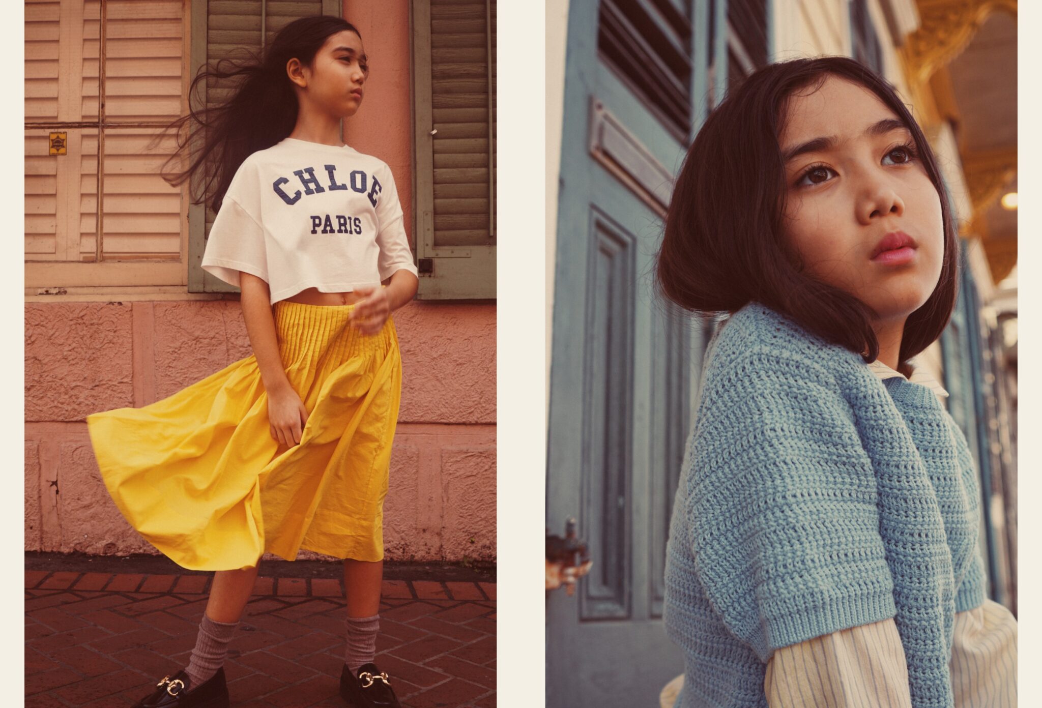An Afternoon in New Orleans fashion editorial by Dope Style Kid x Jennifer Grasso, featuring a girl in a yellow skirt, graphic top and soft blue knit photographed against colourful New Orleans architecture for Scimparello Magazine.