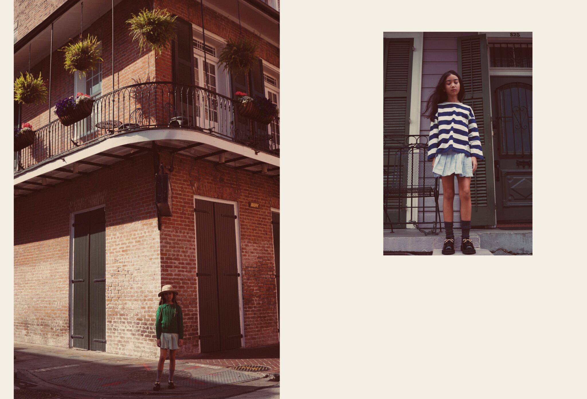 An Afternoon in New Orleans fashion editorial by Dope Style Kid x Jennifer Grasso, featuring a girl in striped knitwear and layered city looks photographed against historic New Orleans architecture for Scimparello Magazine.