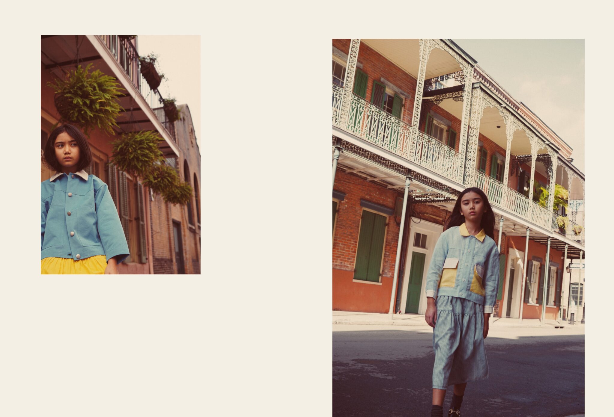 An Afternoon in New Orleans fashion editorial by Dope Style Kid x Jennifer Grasso, featuring a girl in soft blue and yellow layered looks photographed in front of colourful New Orleans balconies for Scimparello Magazine.