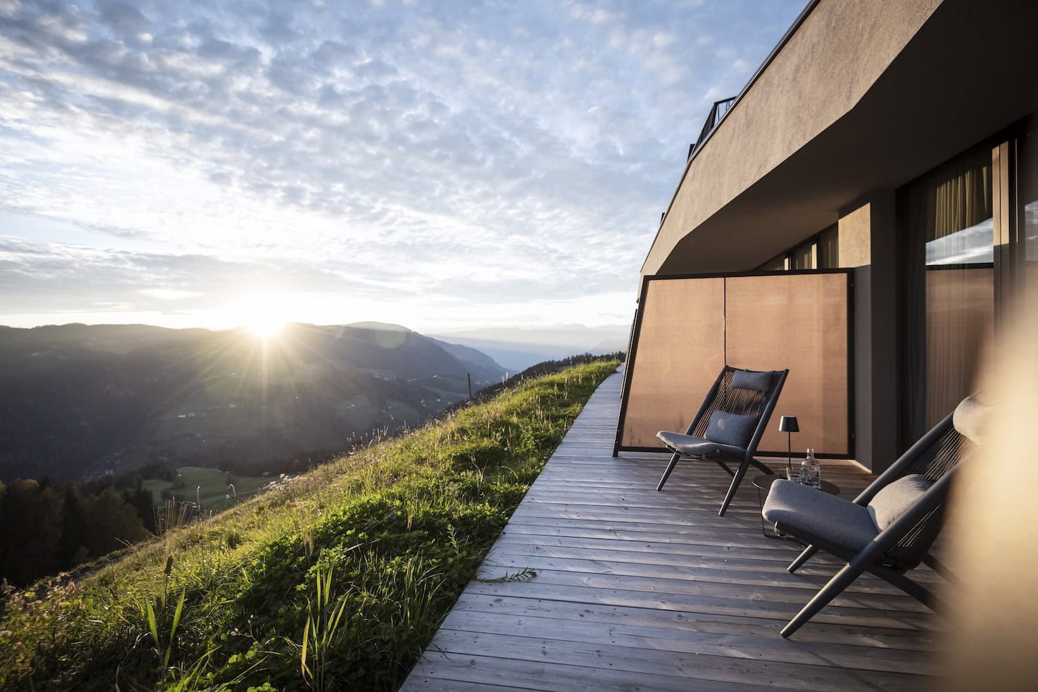 Hotel Gfell terrace with mountain views at sunset in South Tyrol