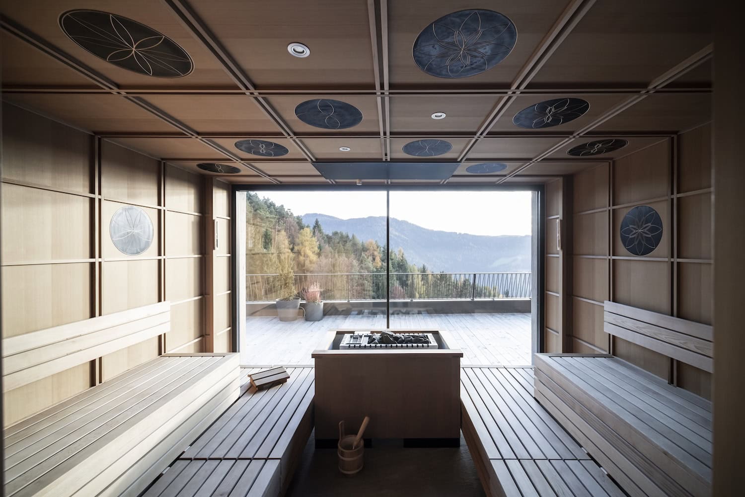 Hotel Gfell panoramic sauna overlooking the mountains in South Tyrol