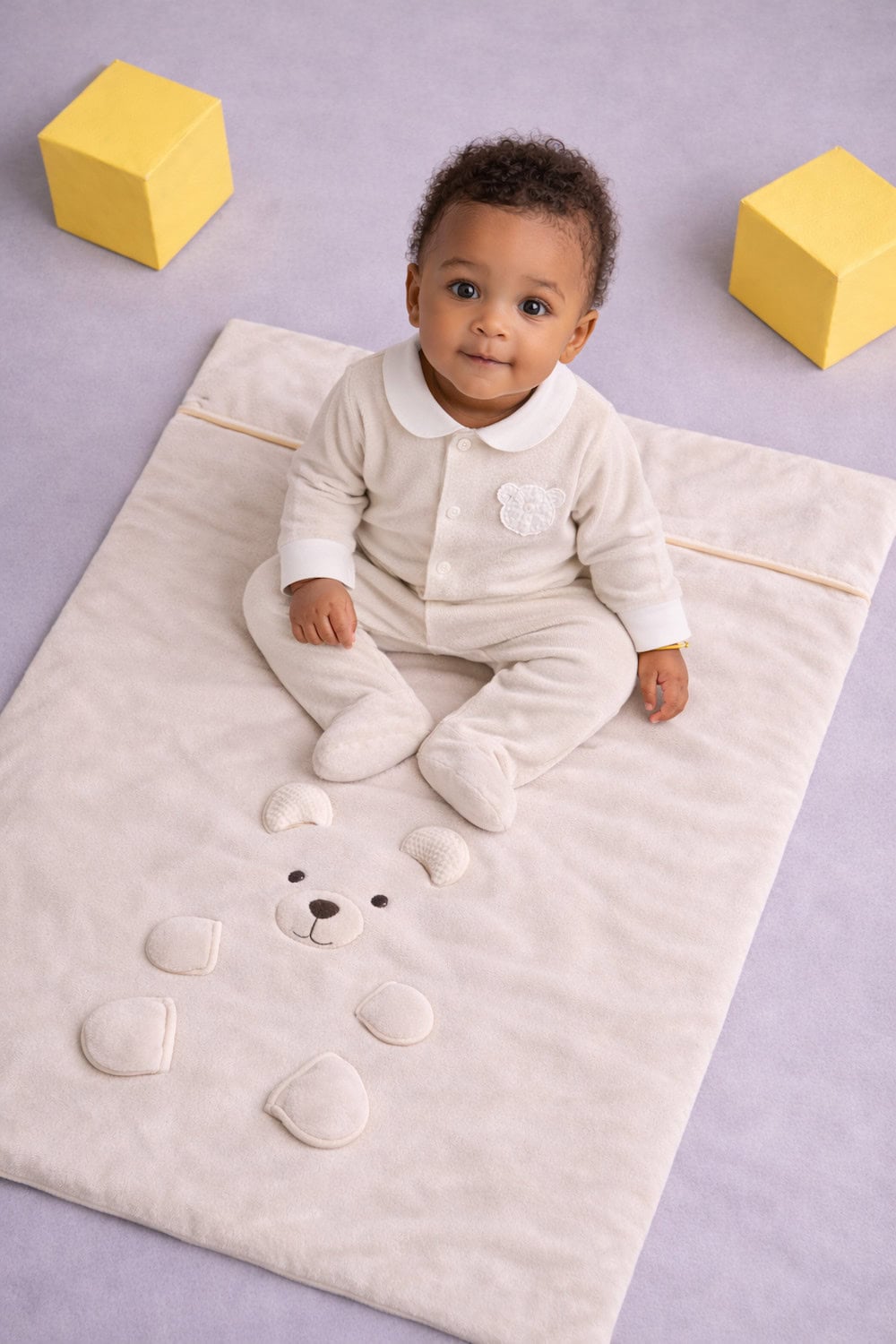 Gensami baby wearing a cream outfit lying on a matching bear-themed blanket