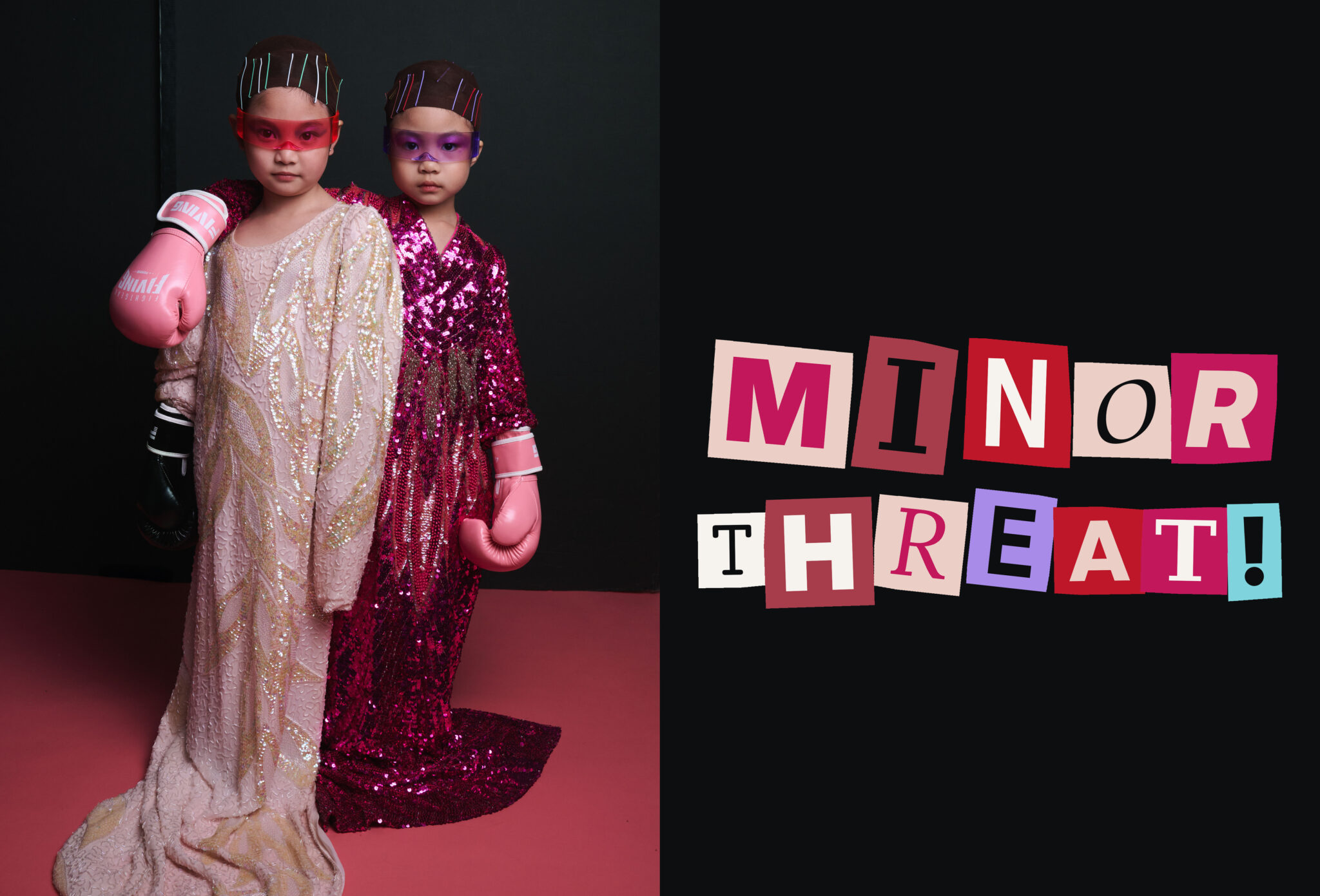 Minor Threat! editorial by Melissa Presti for Scimparello: two girls in long vintage sequin gowns, visor sunglasses and pink boxing gloves, next to the title in cut-out letters