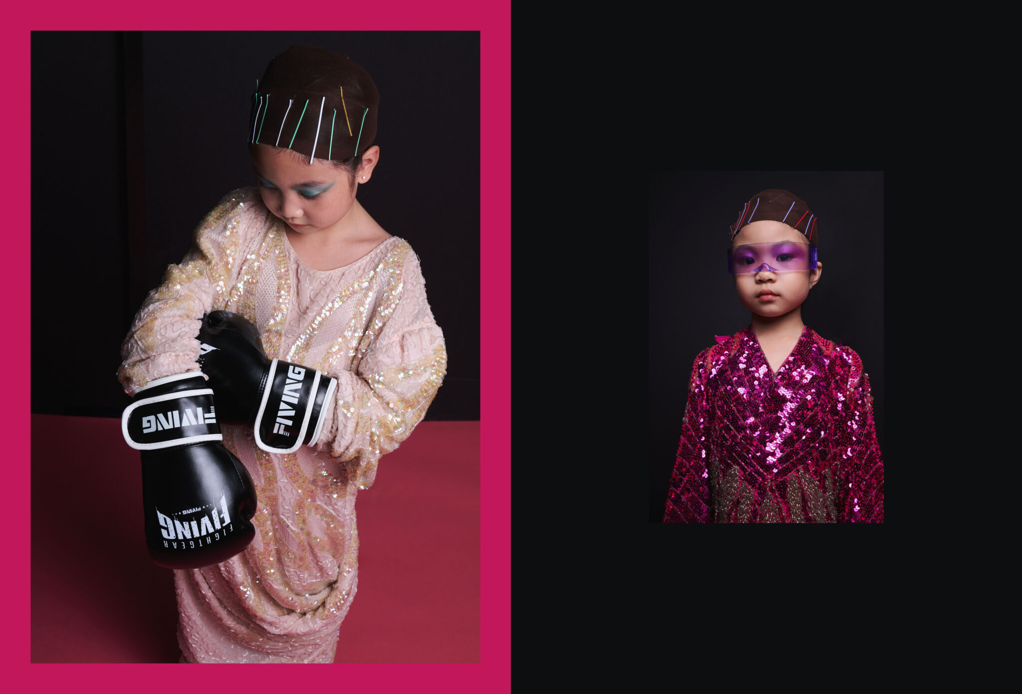 A girl in a blush sequin gown putting on black boxing gloves, and a portrait of a girl in a fuchsia sequin gown and lilac visor