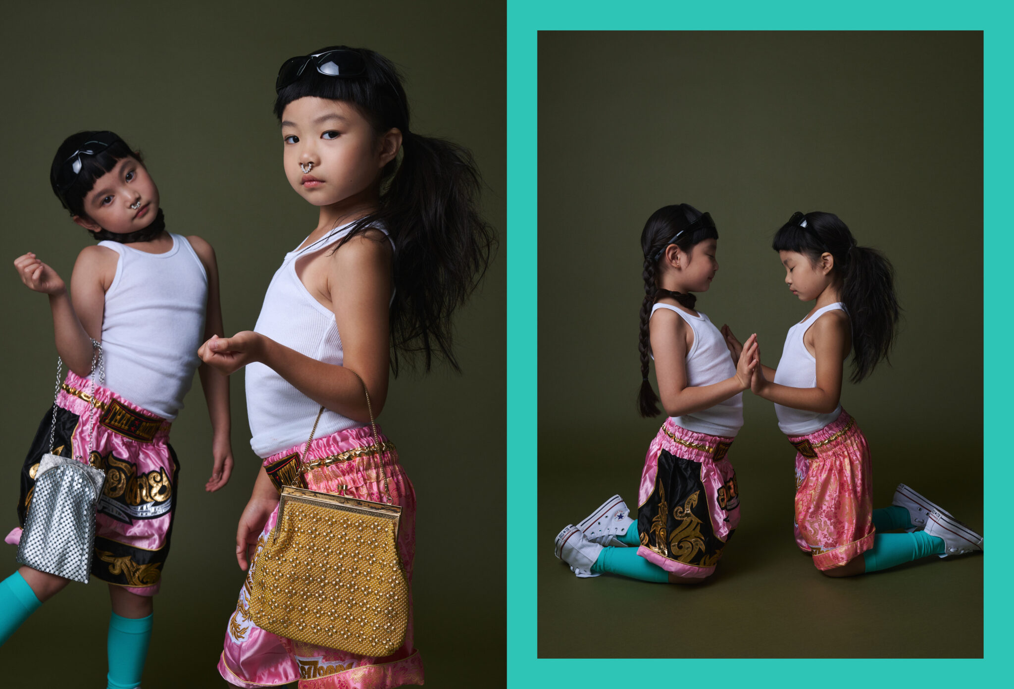 Two girls in Thai boxing shorts holding vintage handbags, and the same girls kneeling face to face with palms together